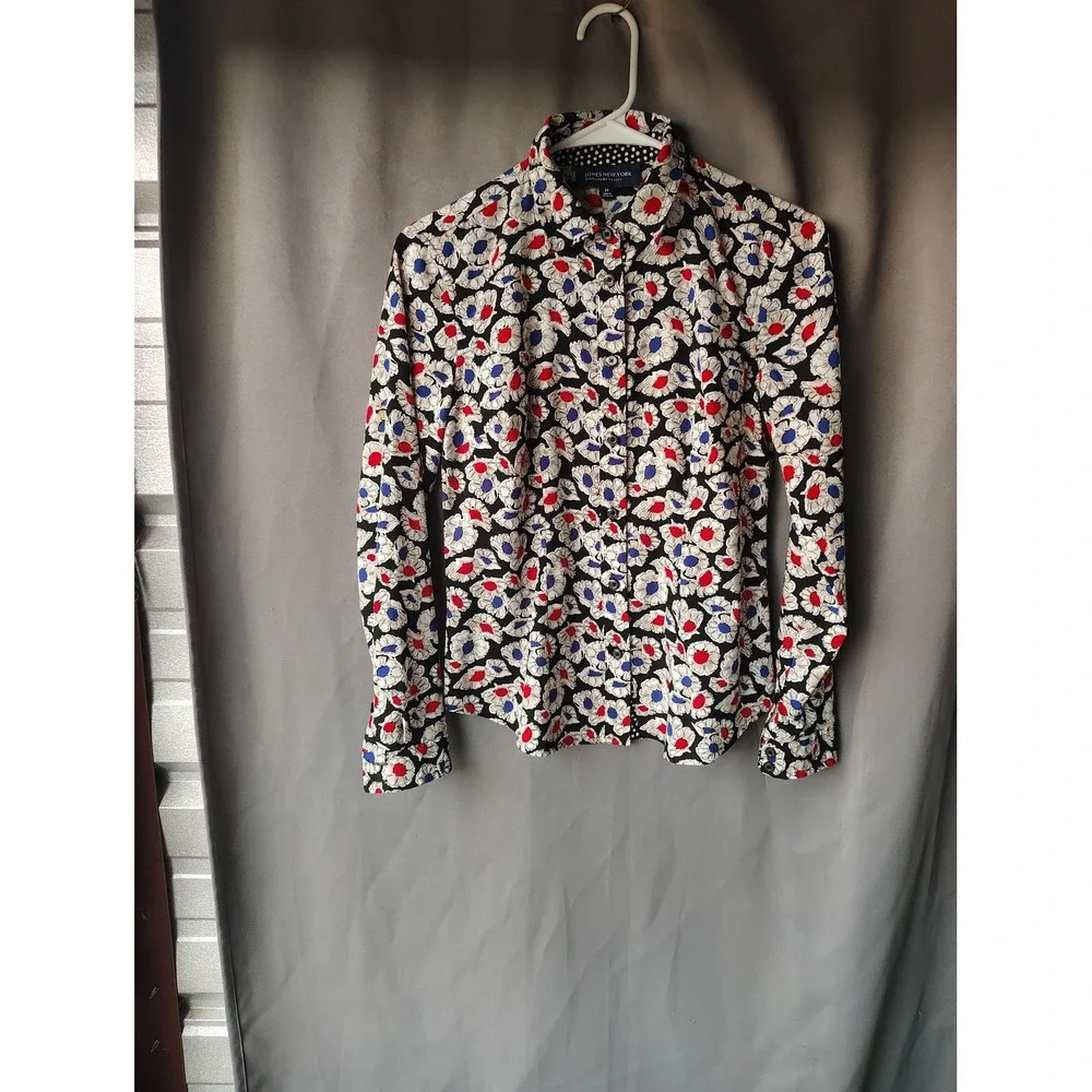 Jones New York Signature Petite Floral Button Down Shirt Red White Blue PP